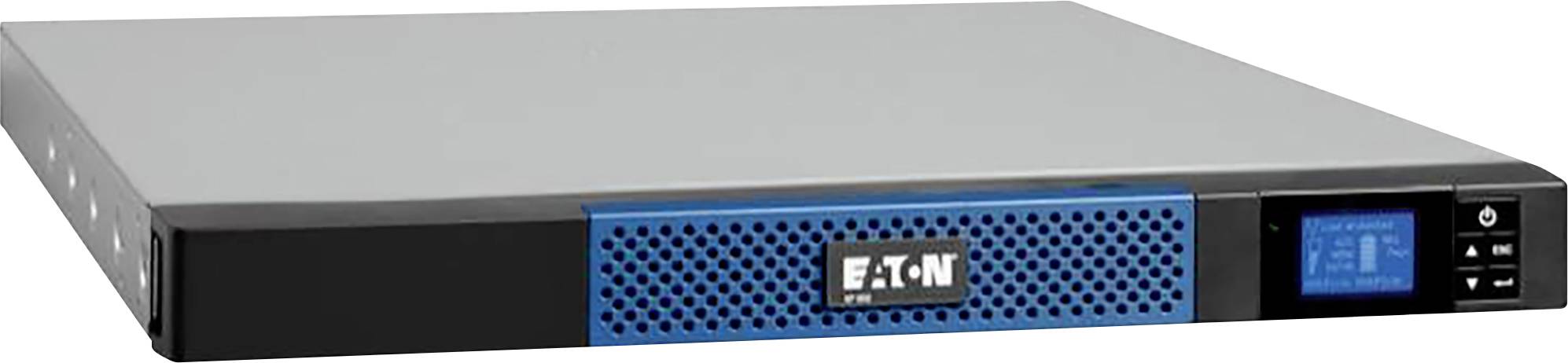 Un appareil serveur ou onduleur plat noir et argenté avec une grille bleue et un petit écran sur la droite.