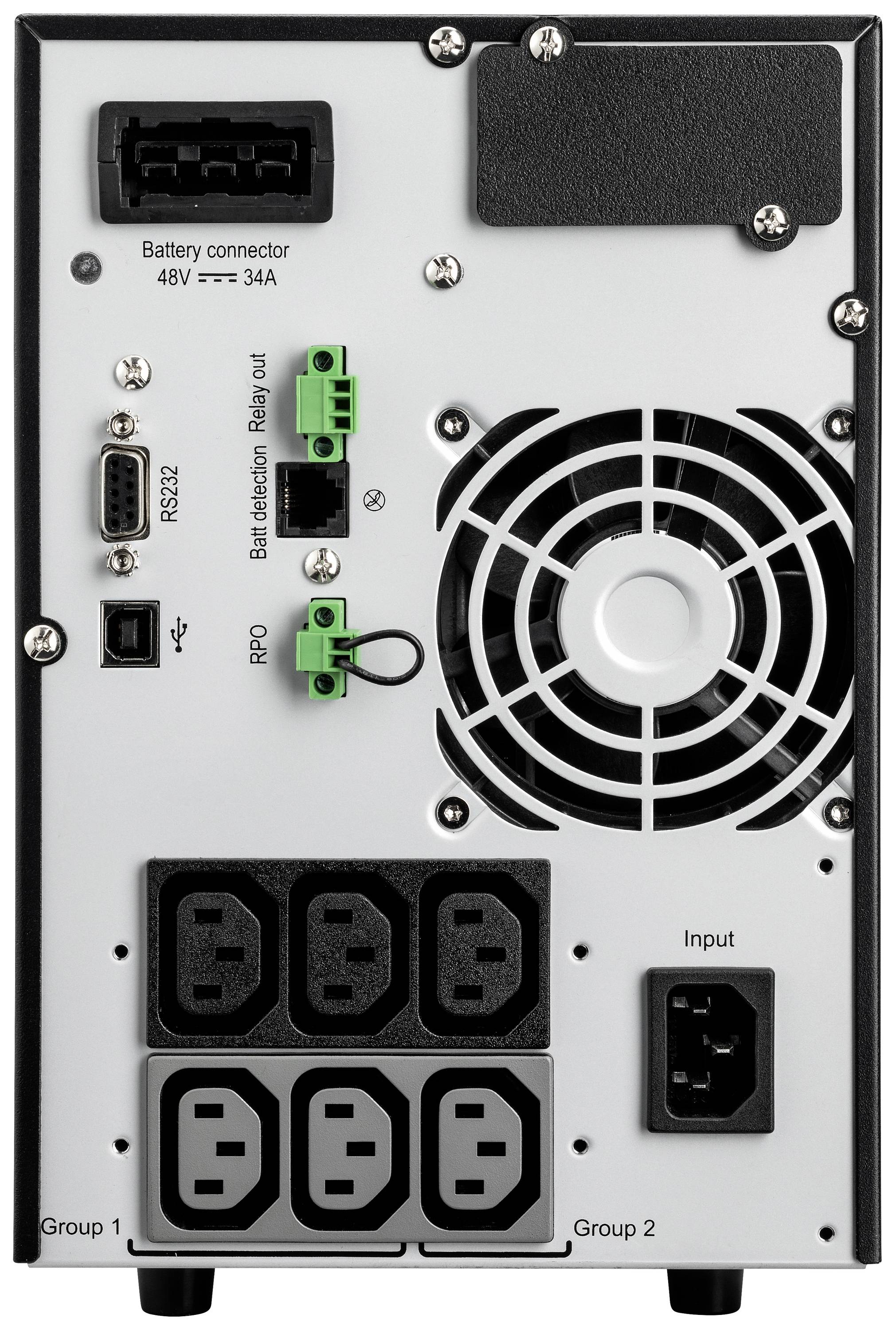 Arrière d'un équipement d'onduleur avec connecteur de batterie, ventilateur, prises de connexion et interrupteurs.