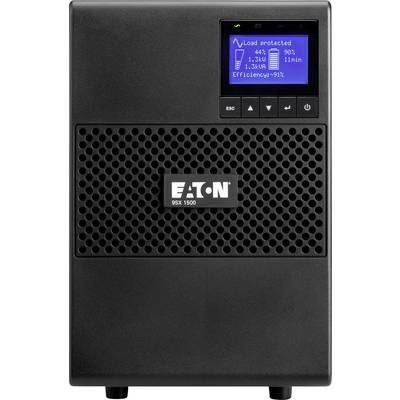 Un système d'alimentation de secours noir avec un écran affichant les données de protection de charge et l'efficacité. Le nom de marque 'Eaton' est visible sur l'avant.