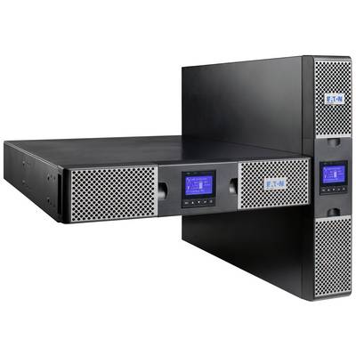 Deux serveurs informatiques noirs rectangulaires avec des écrans d'affichage sur la façade. Ils présentent le logo du fabricant 'Eaton'.