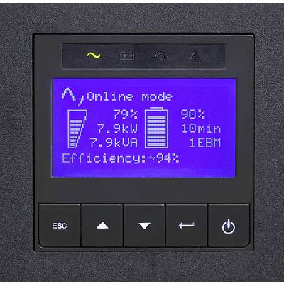 Un affichage numérique indique 'Mode en ligne', batterie à 79 %, temps restant 10 minutes, données de puissance à 7,9 kW soit 7,9 kVA, efficacité de 94 %.
