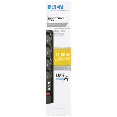 Boîtier d'une multiprise avec protection contre les surtensions, garantie de 15 000 EUR, trois prises, marque Eaton, blanc.