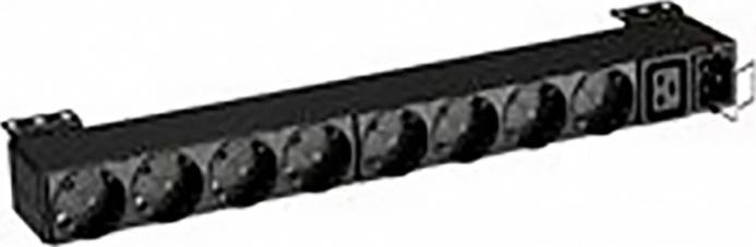 Une barre d'alimentation noire avec huit prises rondes et un interrupteur marche/arrêt, adaptée aux racks de serveurs ou de réseau.
