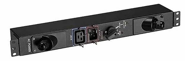 Un appareil noir de rack avec deux commutateurs rotatifs, deux emplacements et des connexions. À gauche est inscrit « AC Power ».