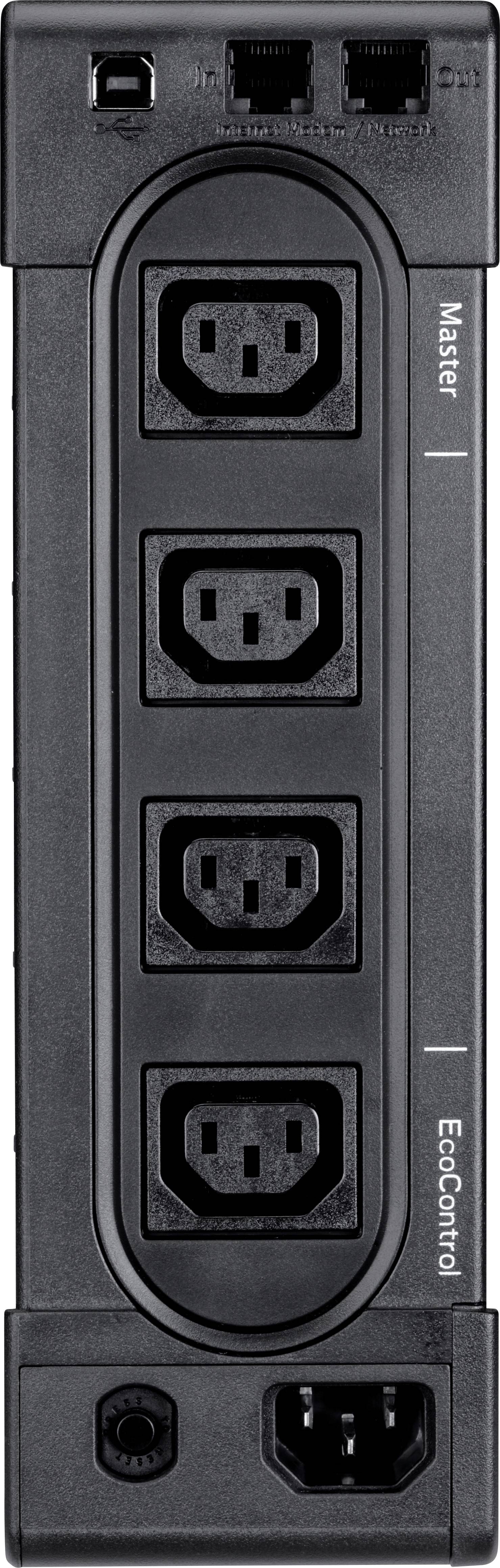 Multiprise avec cinq emplacements. Connexion en haut pour réseau ou téléphone. Connexion secteur et interrupteur EcoControl en bas.