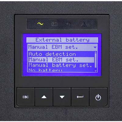 Un affichage numérique présente un menu avec les options : 'Batterie externe', 'Détection automatique', 'Réglage manuel EBM', 'Aucune batterie'.