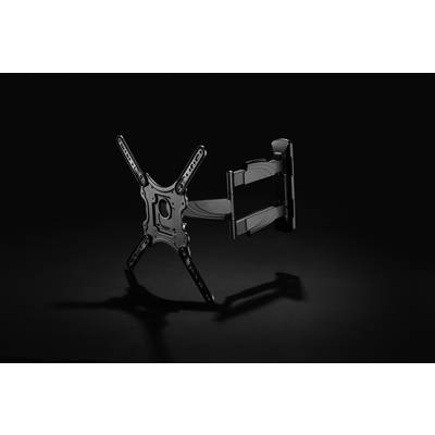 Support de télévision ou d'écran, métallique, avec bras pivotant, sur un fond sombre.