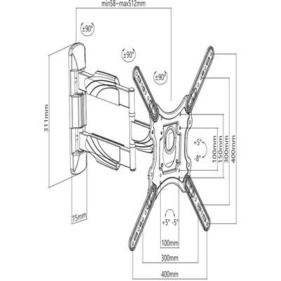 Support mural pour téléviseur, réglable : Hauteur de 100 mm à 400 mm, inclinaison de ±5°, rotation de ±90°, profondeur minimale de 58 mm à maximale de 512 mm.