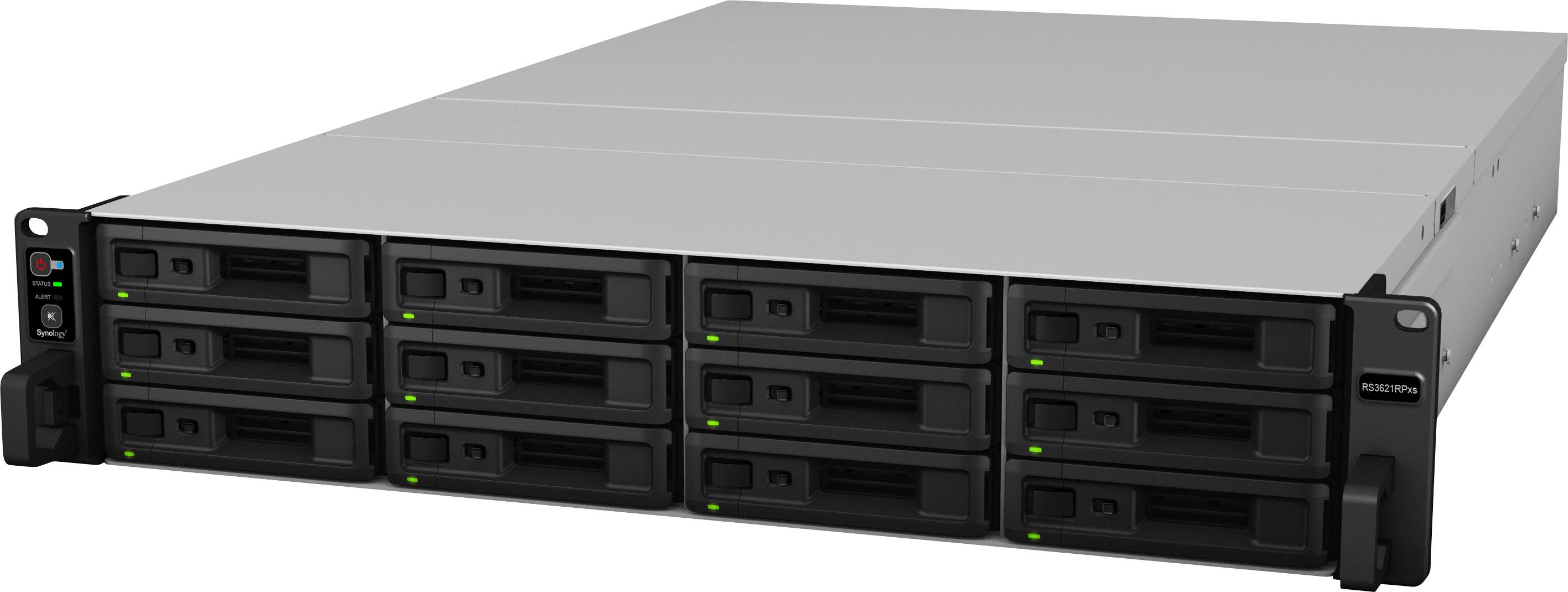 Armoire serveur avec plusieurs baies et voyants LED verts, représentant un système de stockage utilisé pour la gestion des données.