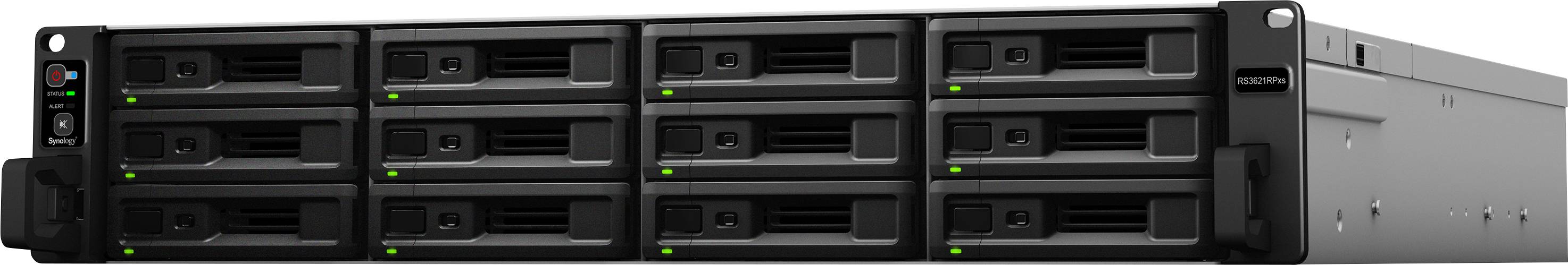 Serveur de stockage réseau noir avec douze baies de disques, des voyants lumineux indiquant le fonctionnement, adapté aux grands volumes de données.