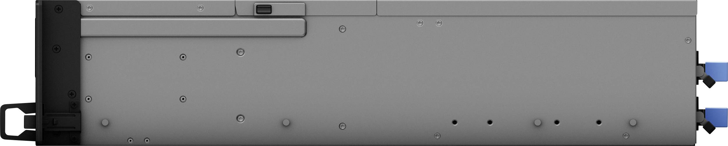 Un appareil électronique gris, rectangulaire, doté de connecteurs bleus sur le côté droit et de poignées en bas à gauche et en haut.