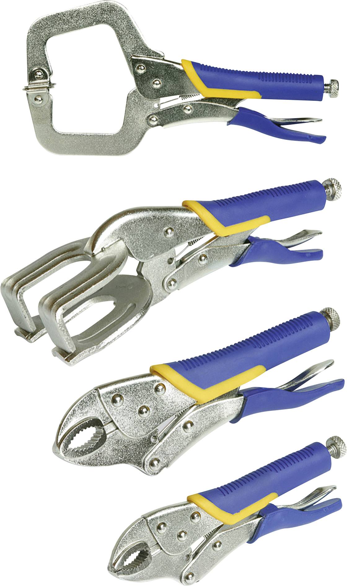 Quatre outils de pinces verrouillables présentés dans un arrangement vertical, chacun avec des poignées bleu et jaune et des formes de mâchoire différentes pour saisir divers objets.