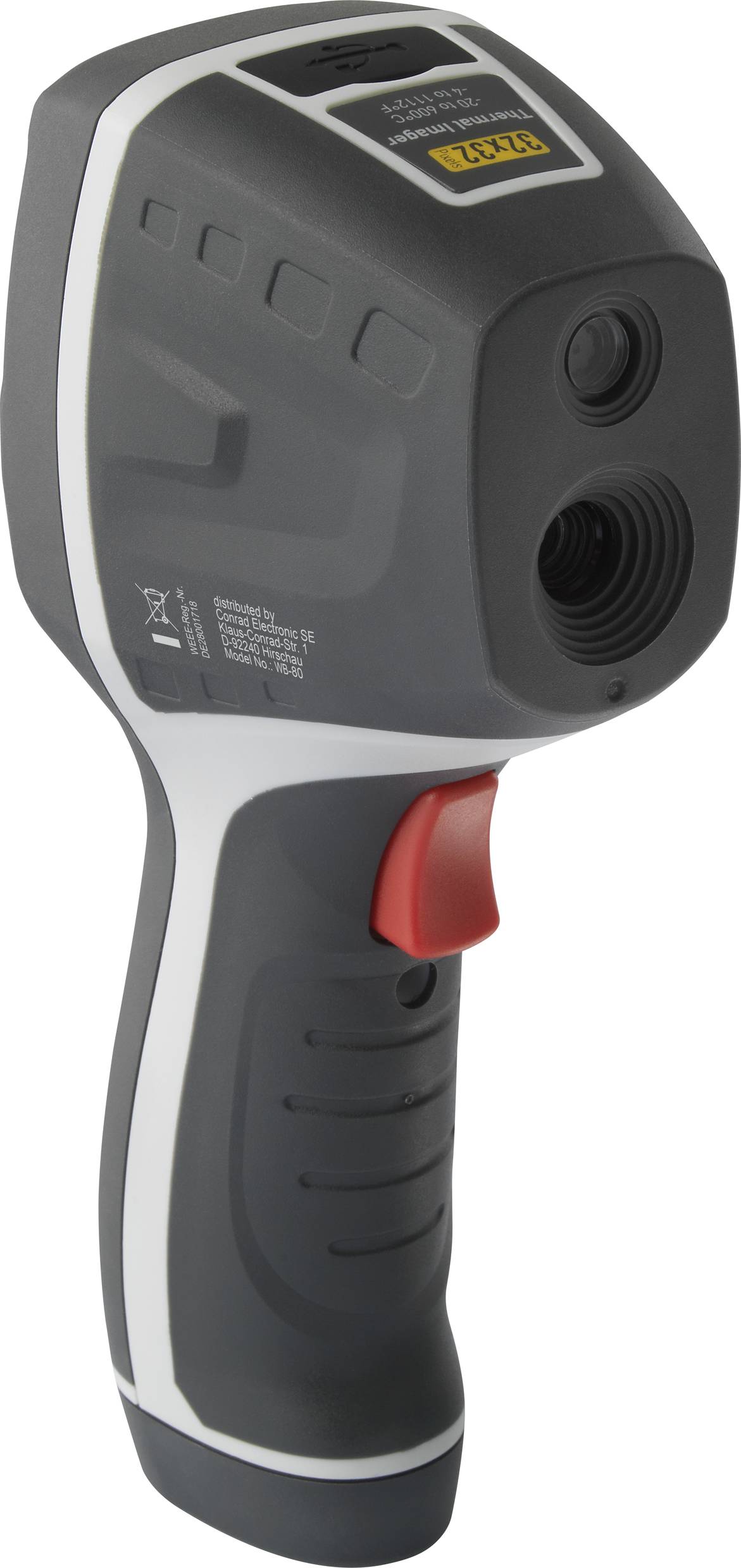 Thermomètre portable avec un second capteur plus grand en haut et un bouton déclencheur rouge au milieu de la poignée noire.