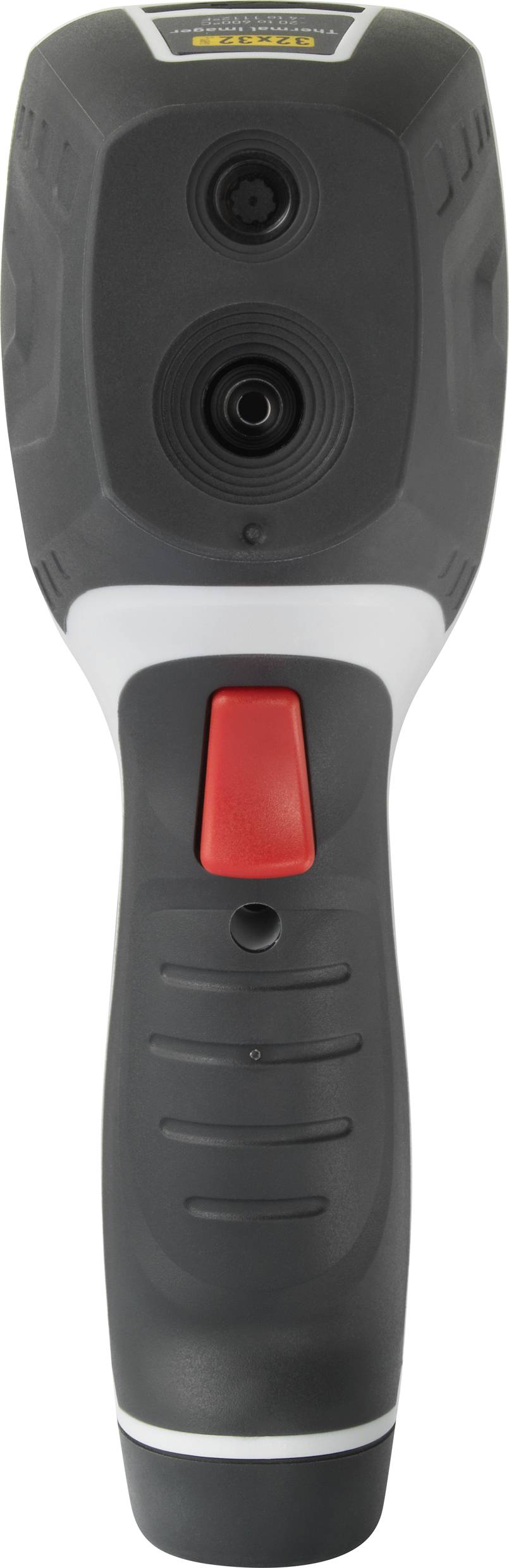 Un appareil portable noir avec un bouton rouge et deux lentilles, probablement une caméra thermique ou un instrument de mesure similaire.