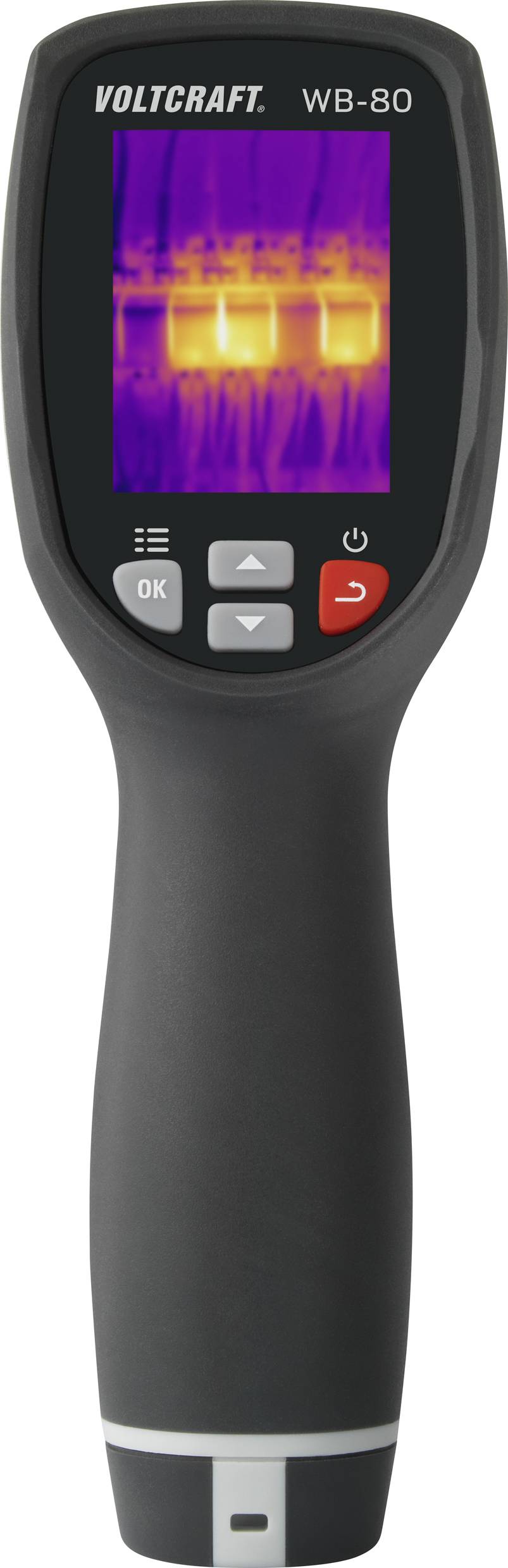 Un appareil portable de caméra thermique avec écran, affichant une image thermique. L'appareil dispose de commandes noires et grises.