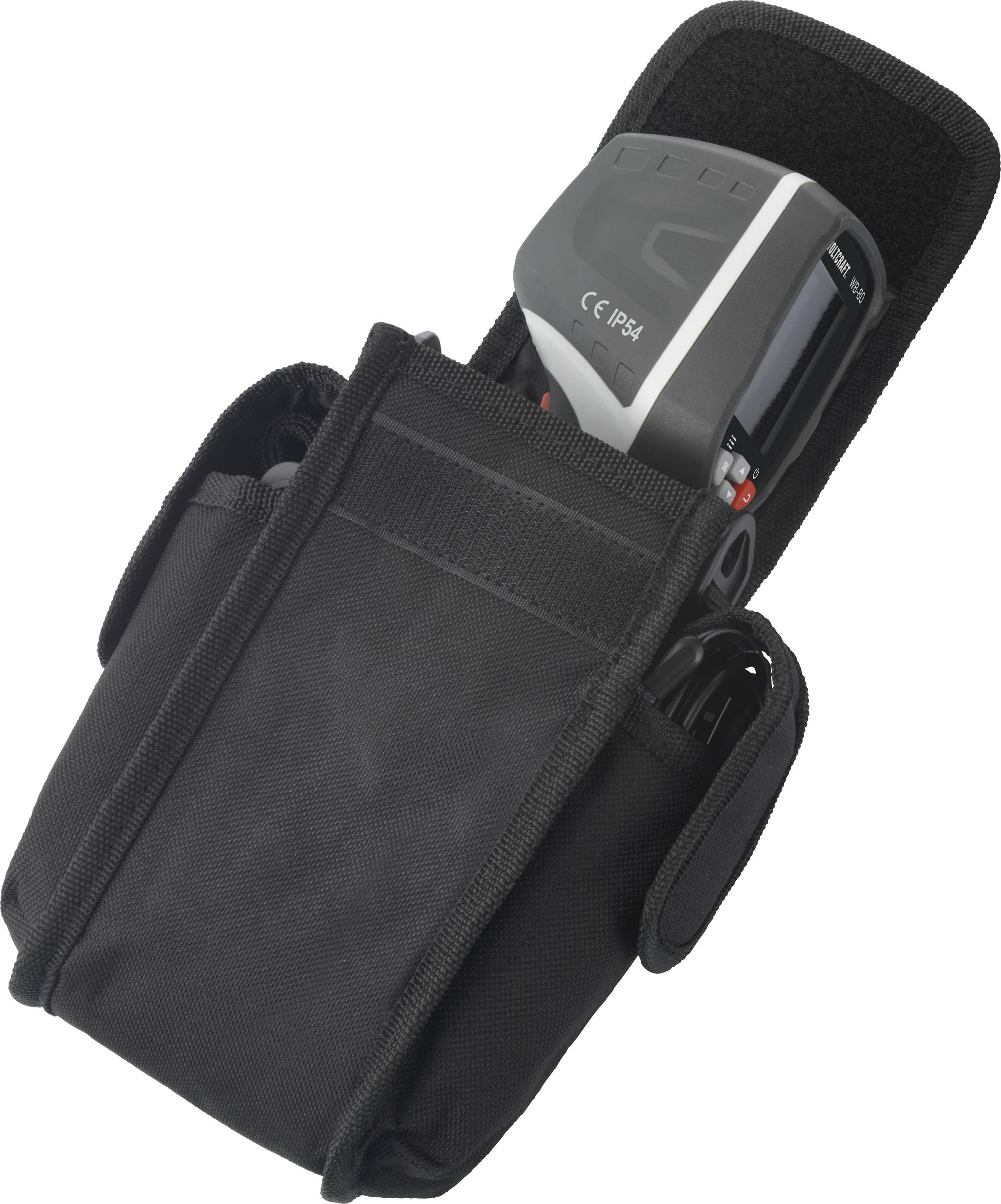 Un appareil de mesure numérique dans un étui de protection noir portable. L'affichage est partiellement visible, l'appareil semble compact et portable.