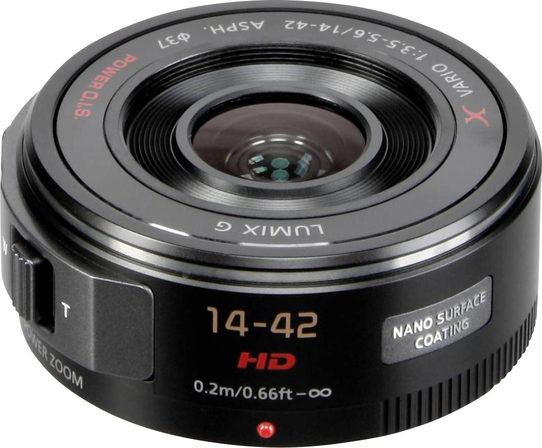 Objectif photo compact noir 'Lumix G Vario 14-42mm' avec zoom optique et traitement nano, adapté à la photographie haute définition.