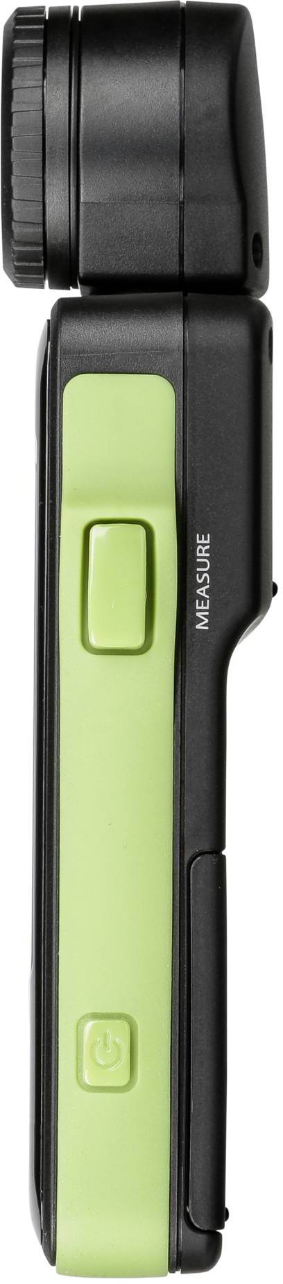Appareil portatif vert et noir avec un bouton, vu de côté. Il semble être un instrument de mesure, avec l'inscription 'MEASURE' visible.