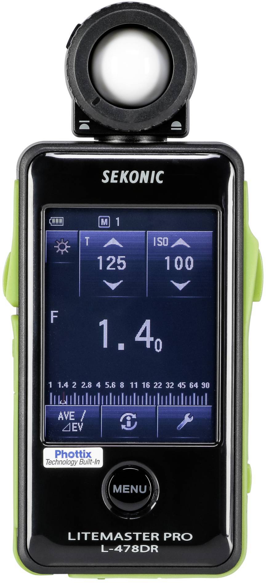 Un posemètre portable avec affichage numérique, indiquant une ouverture de 1.4, ISO 100 et une vitesse d'obturation de 1/125.