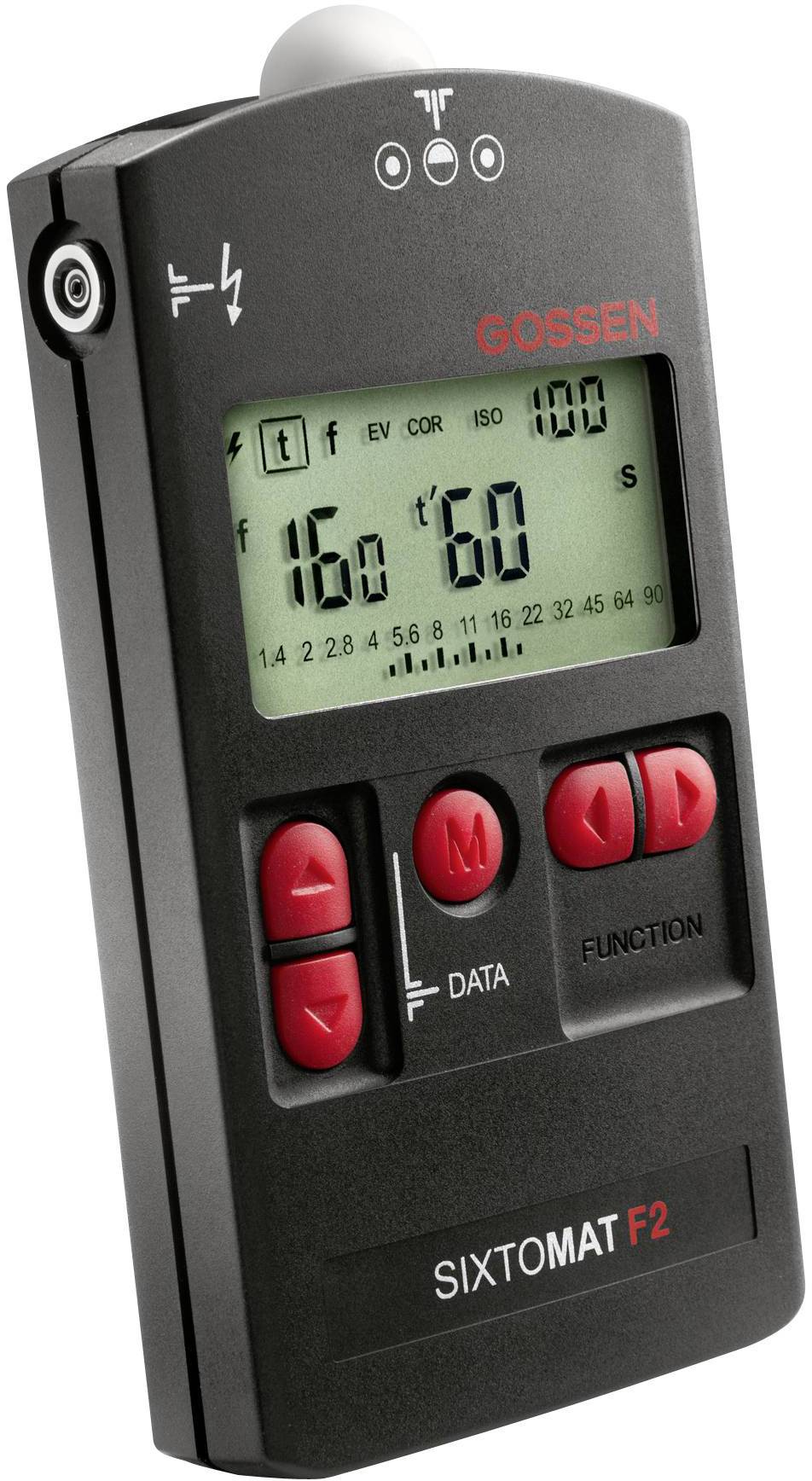 Posemètre Gossen Sixtomat F2 avec affichage numérique, touches rouges, indicateurs ISO et d'ouverture, utilisé pour mesurer la lumière en photographie.