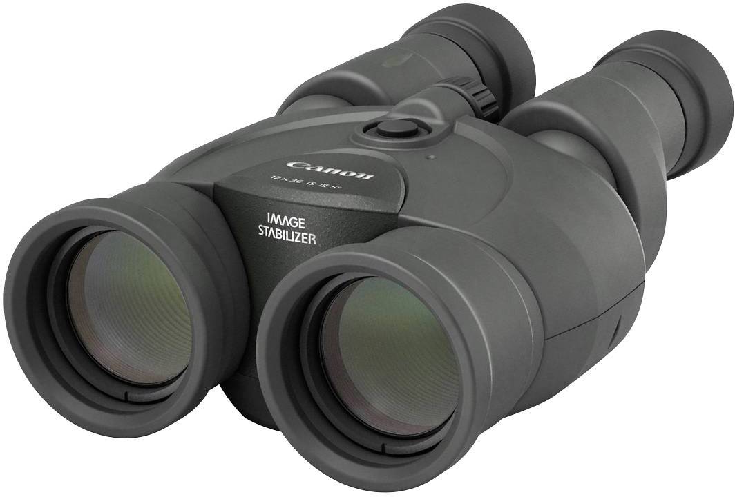 Une paire de jumelles noires avec stabilisateur d'image. C'est un modèle Canon et possède deux oculaires pour une portée visuelle améliorée.