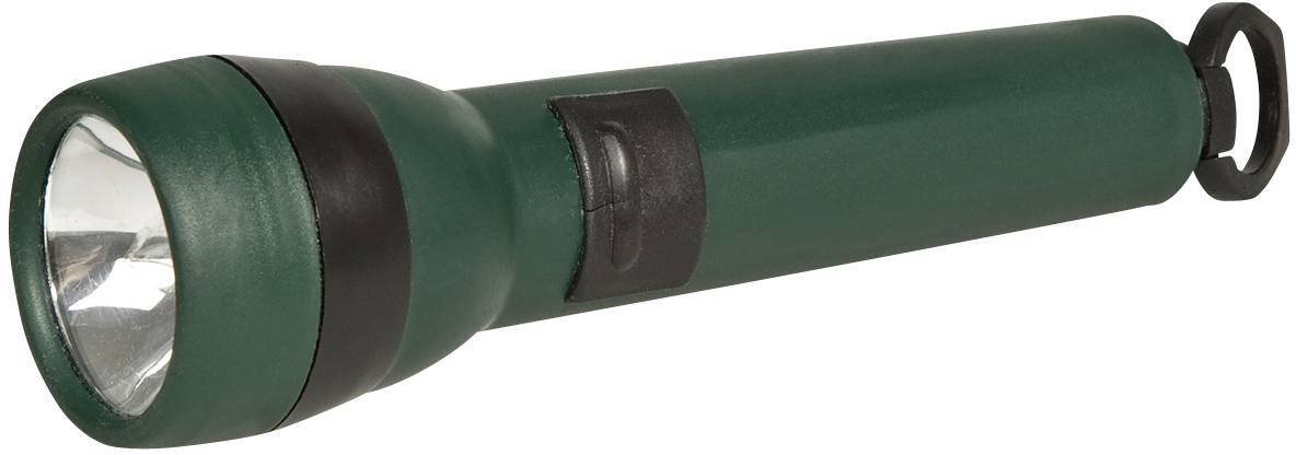 Lampe de poche verte avec poignée noire, éteinte.