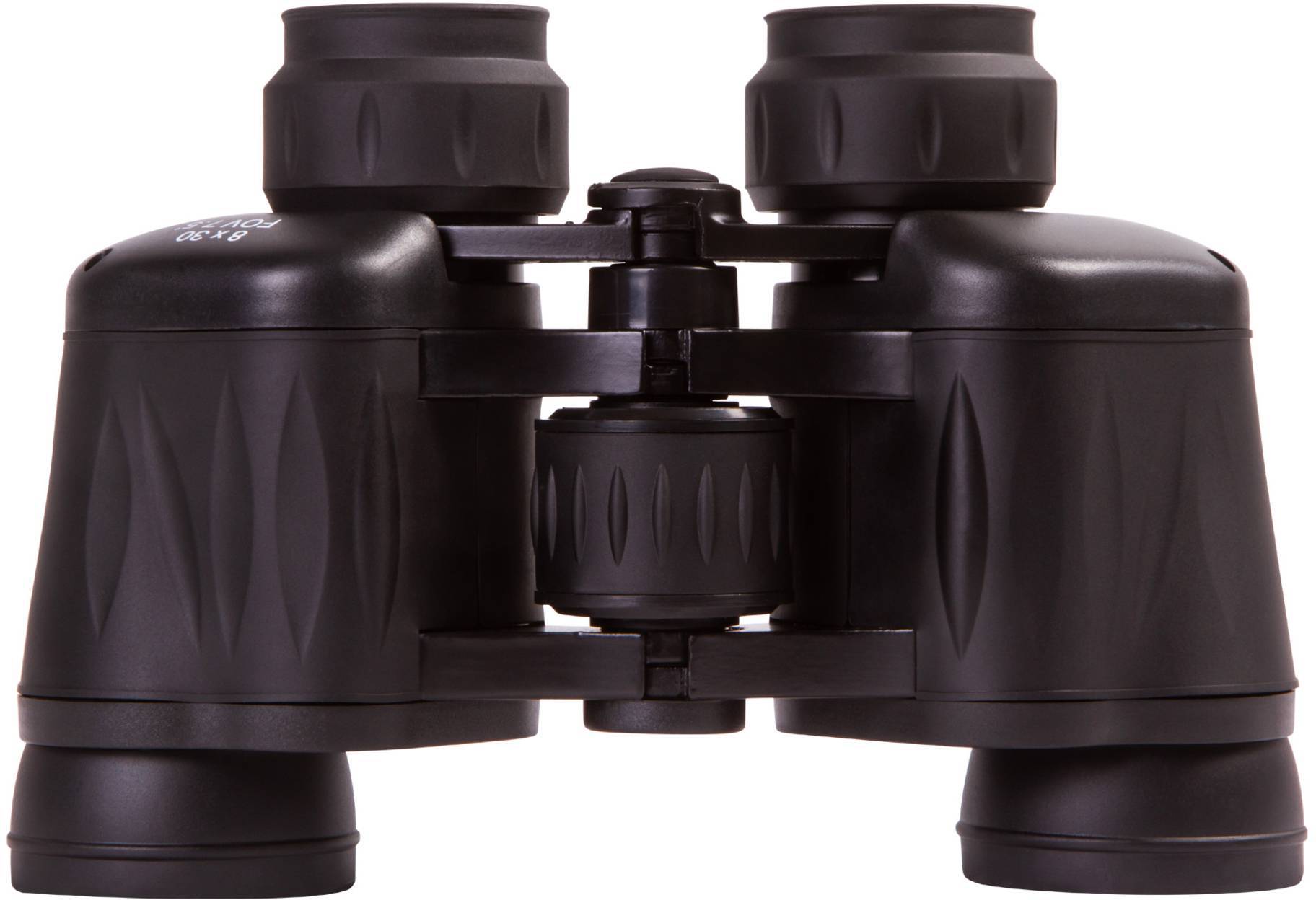 Une paire de jumelles noires avec deux oculaires et une molette centrale de mise au point, posée sur une surface blanche.