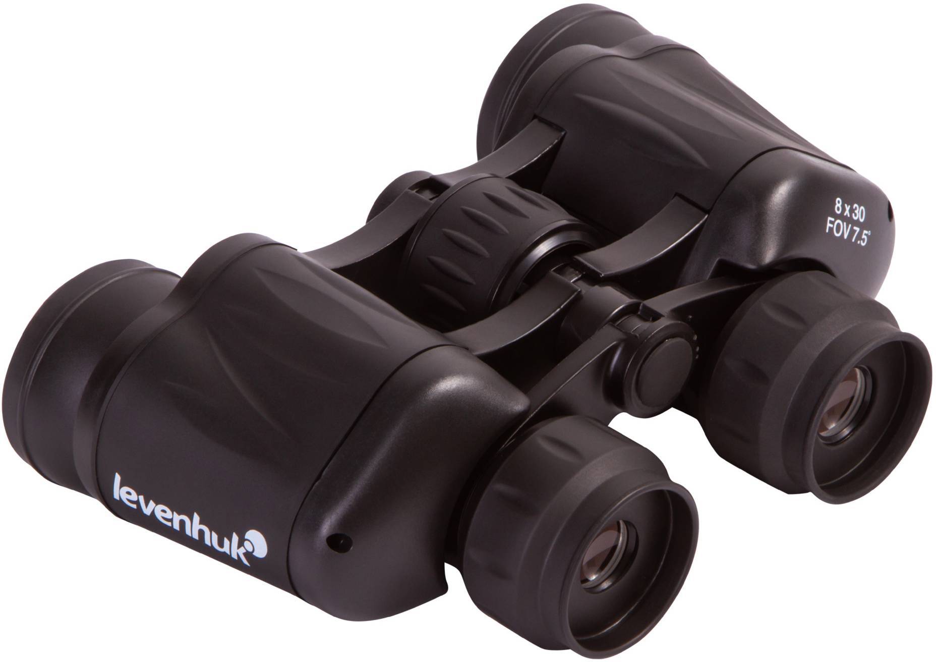 Une paire de jumelles avec l'inscription 'Levenhuk 8x30 FOV 7.5'. Elles sont noires et ont un design robuste. Adaptées pour les observations.