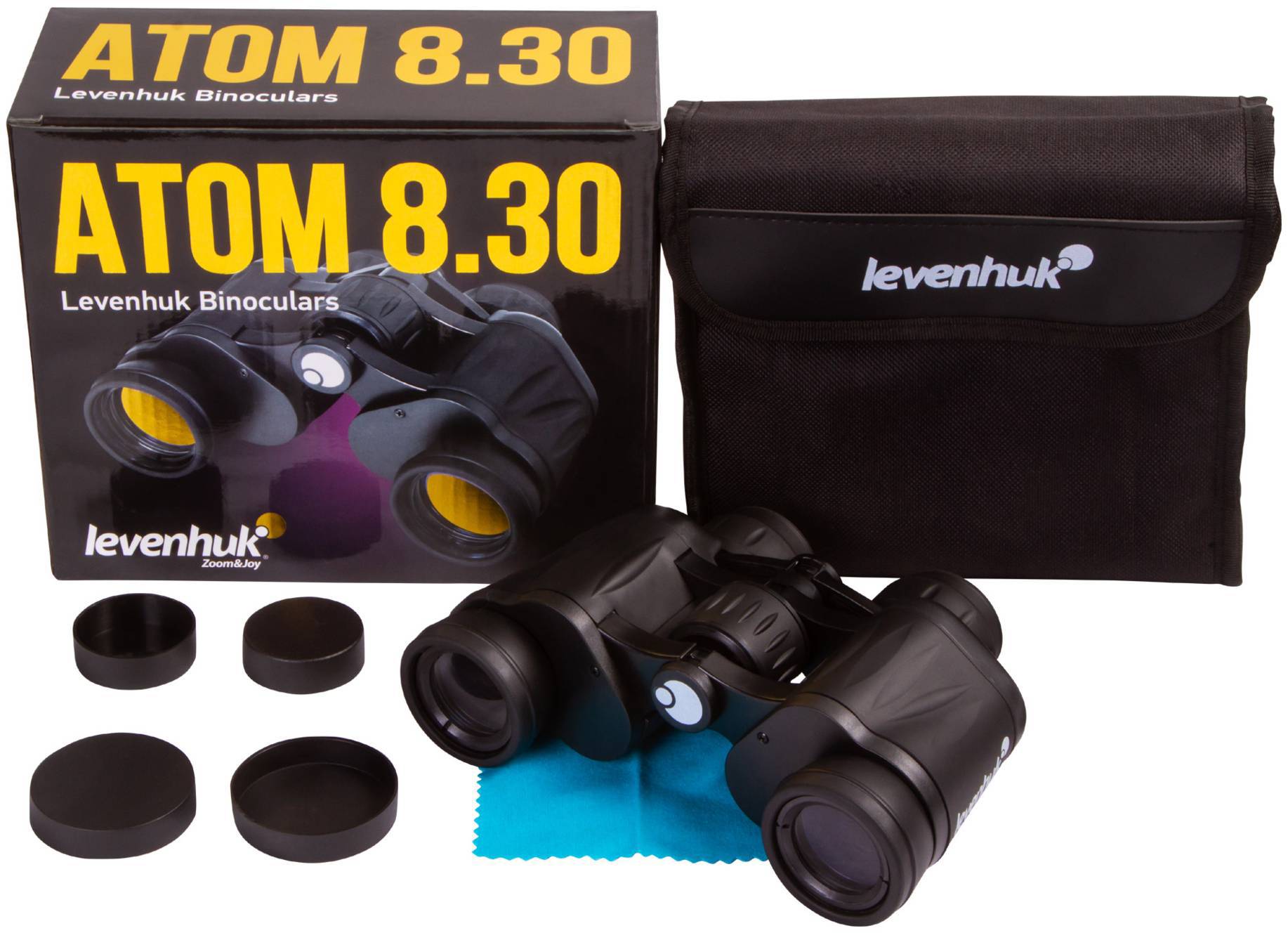 'Jumelles Levenhuk Atom 8x30 avec étui de transport, emballage, capuchons de protection et chiffon de nettoyage.'
