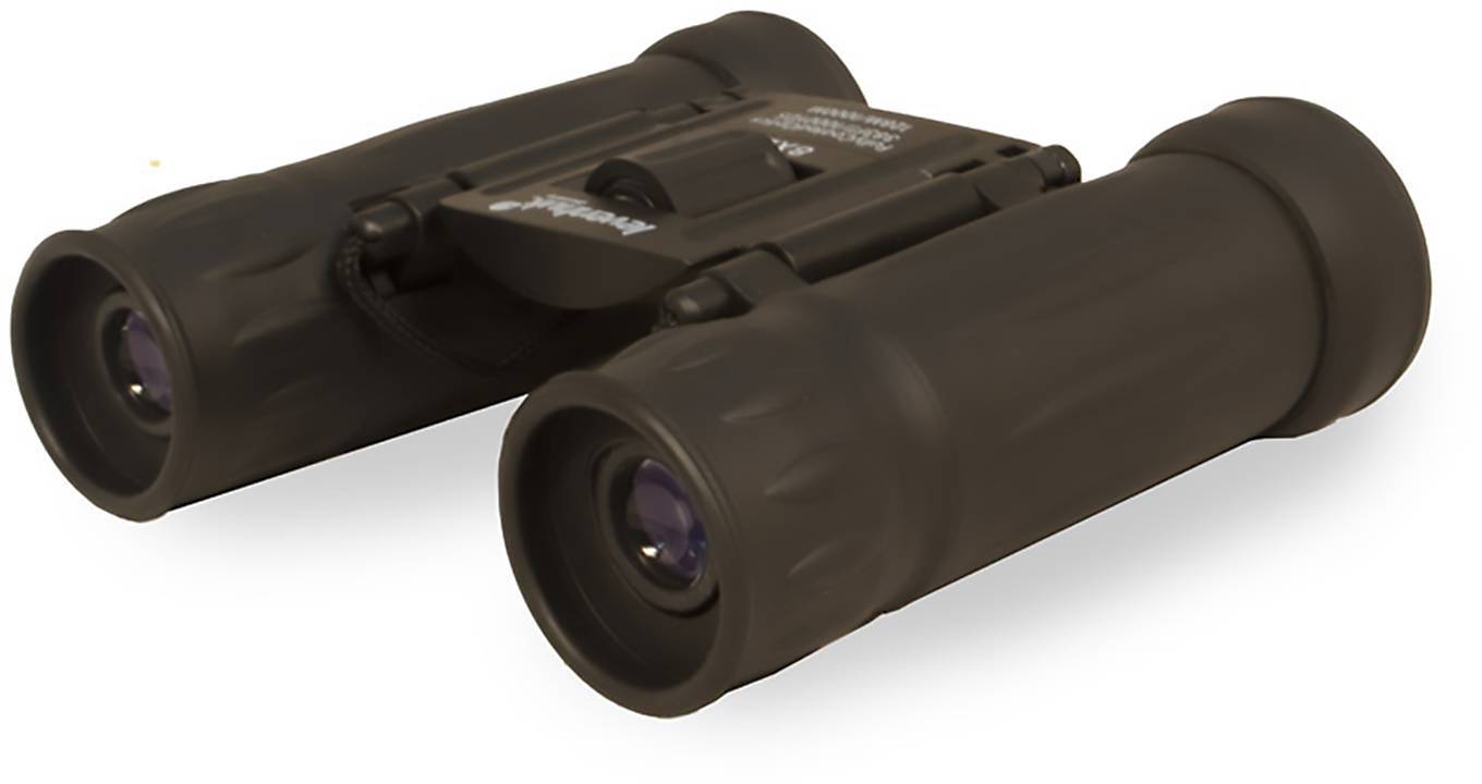 Jumelles brunes en gros plan, posées à plat avec la partie centrale repliée. Idéales pour les activités de plein air et l'observation de la nature.