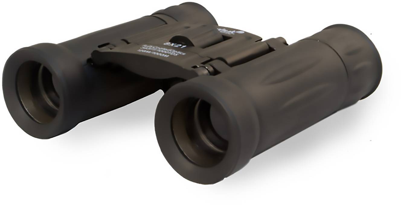 Jumelles noires au design compact et pliable. Idéales pour les activités de plein air comme l'observation des oiseaux ou la randonnée.