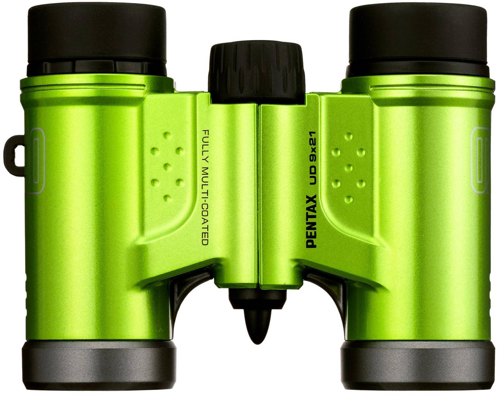 Jumelles Pentax vertes au design compact, adaptées aux activités de plein air. "FULLY MULTI-COATED" sur le côté gauche.