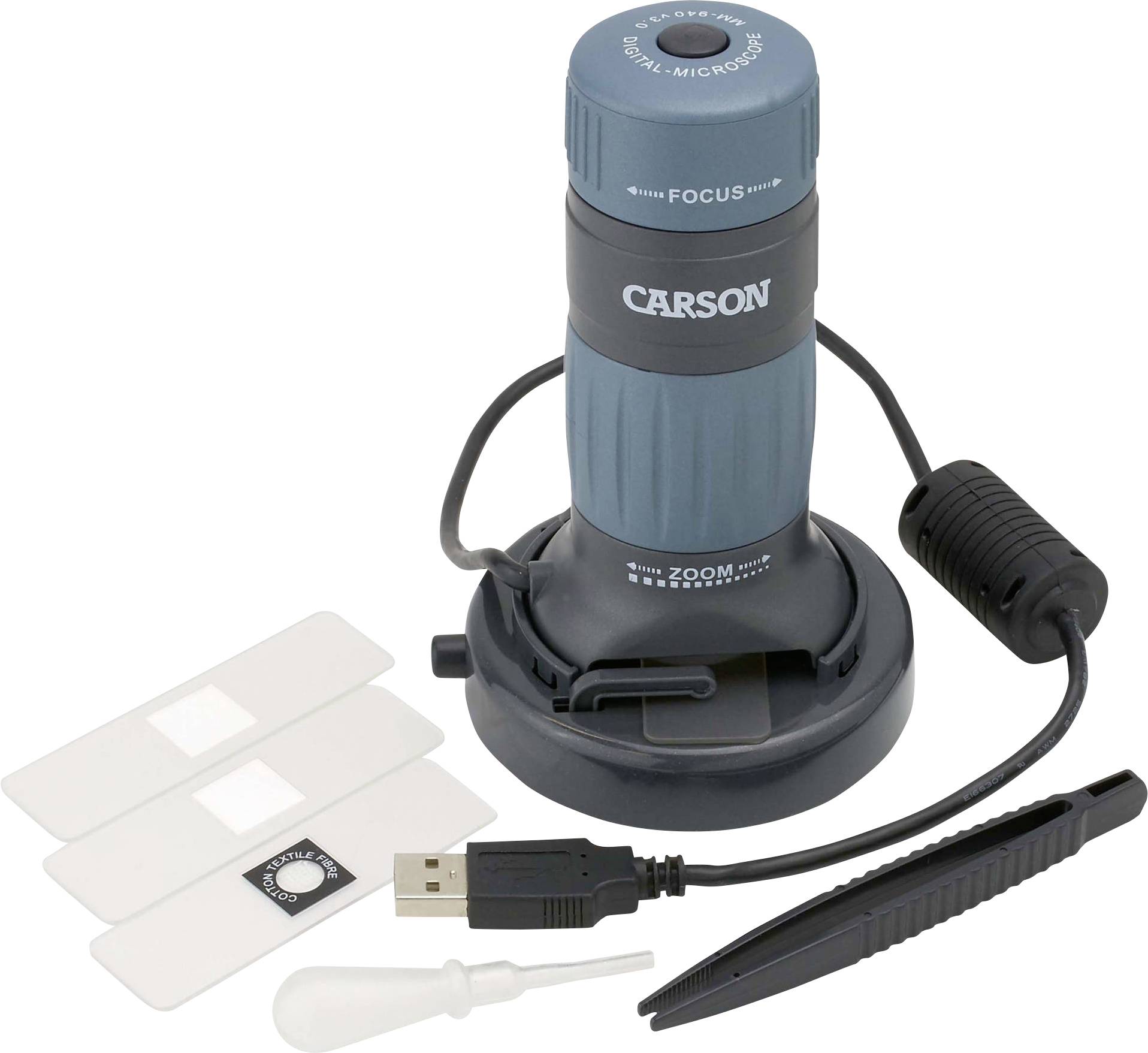 Microscope numérique avec connexion USB, porte-objets, pipette et pince. Idéal pour les grossissements et les observations précises.