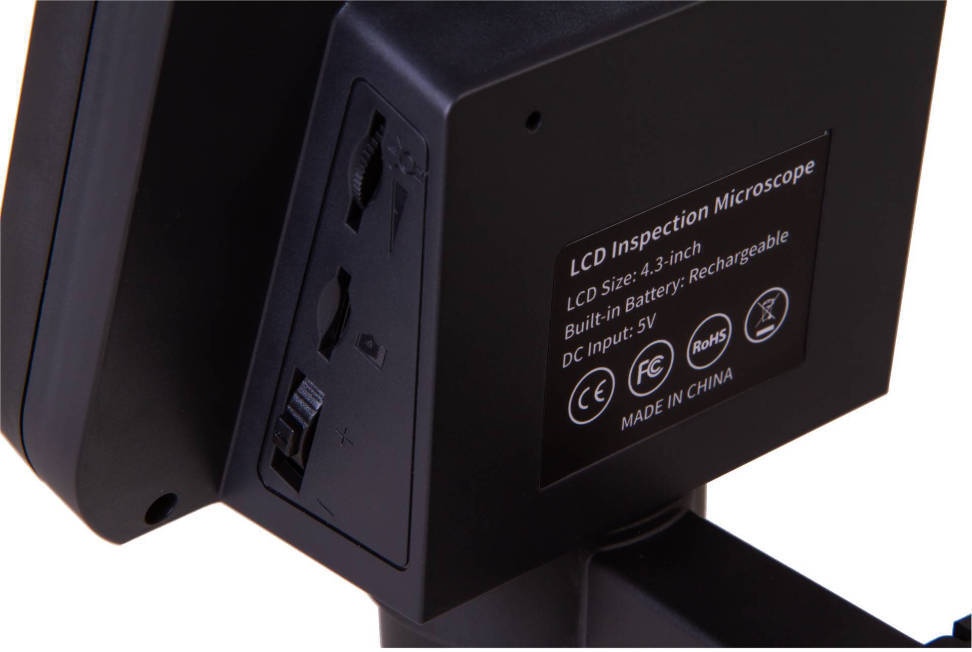Un microscope d'inspection LCD avec un écran de 4,3 pouces et une batterie rechargeable. Il affiche des symboles de différentes certifications.