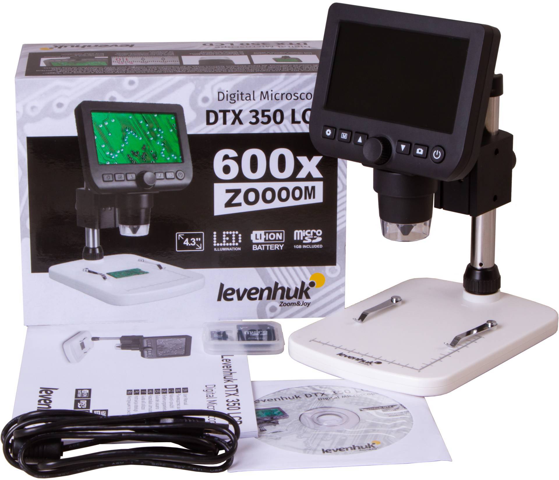 Ensemble de microscope numérique avec grossissement 600x, écran LCD, accessoires tels que bloc d'alimentation, manuel et CD devant l'emballage d'origine.