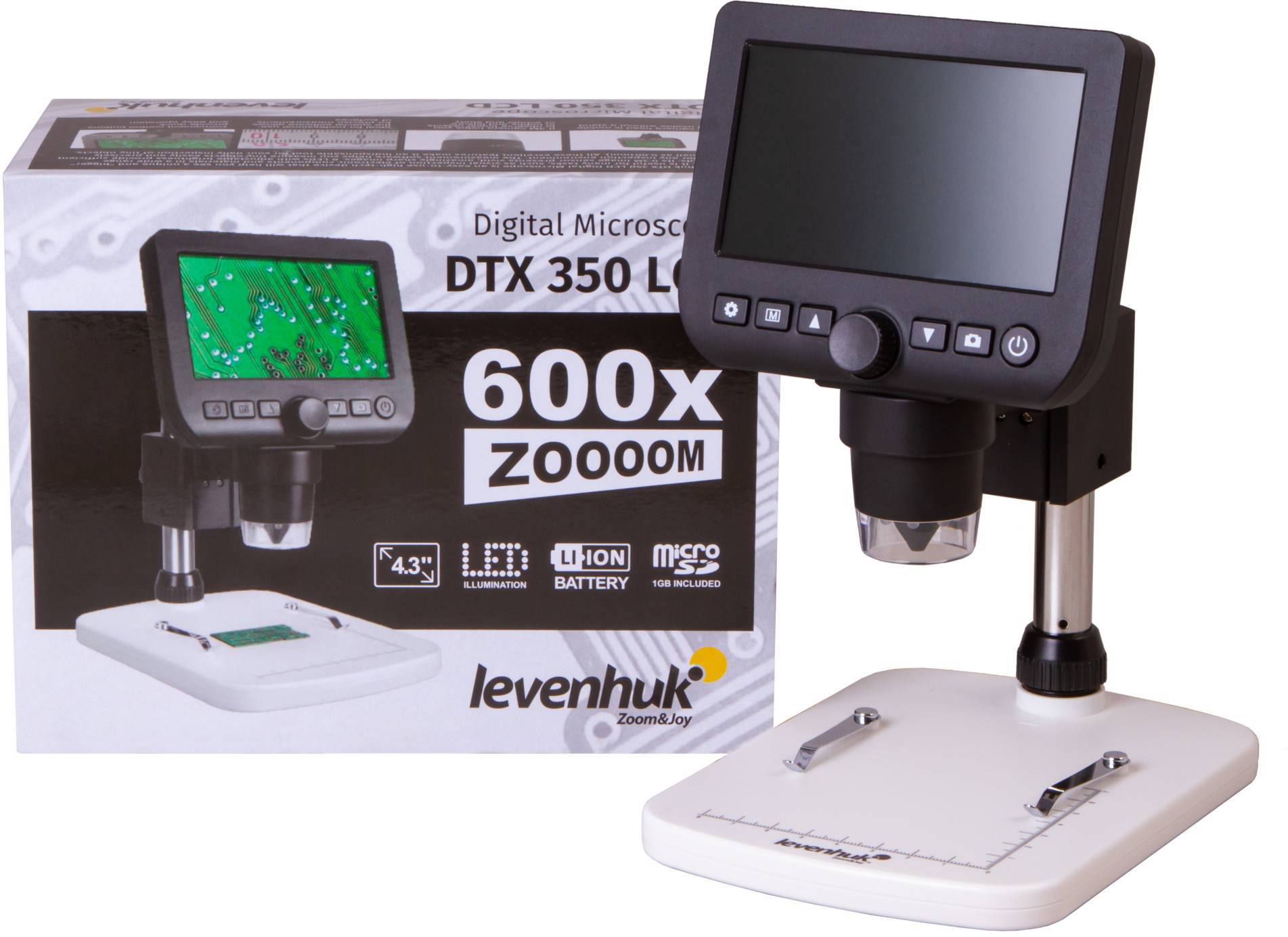 Microscope numérique DTX 350 LCD avec grossissement 600x et écran intégré, tel que représenté sur le carton d'emballage du microscope.