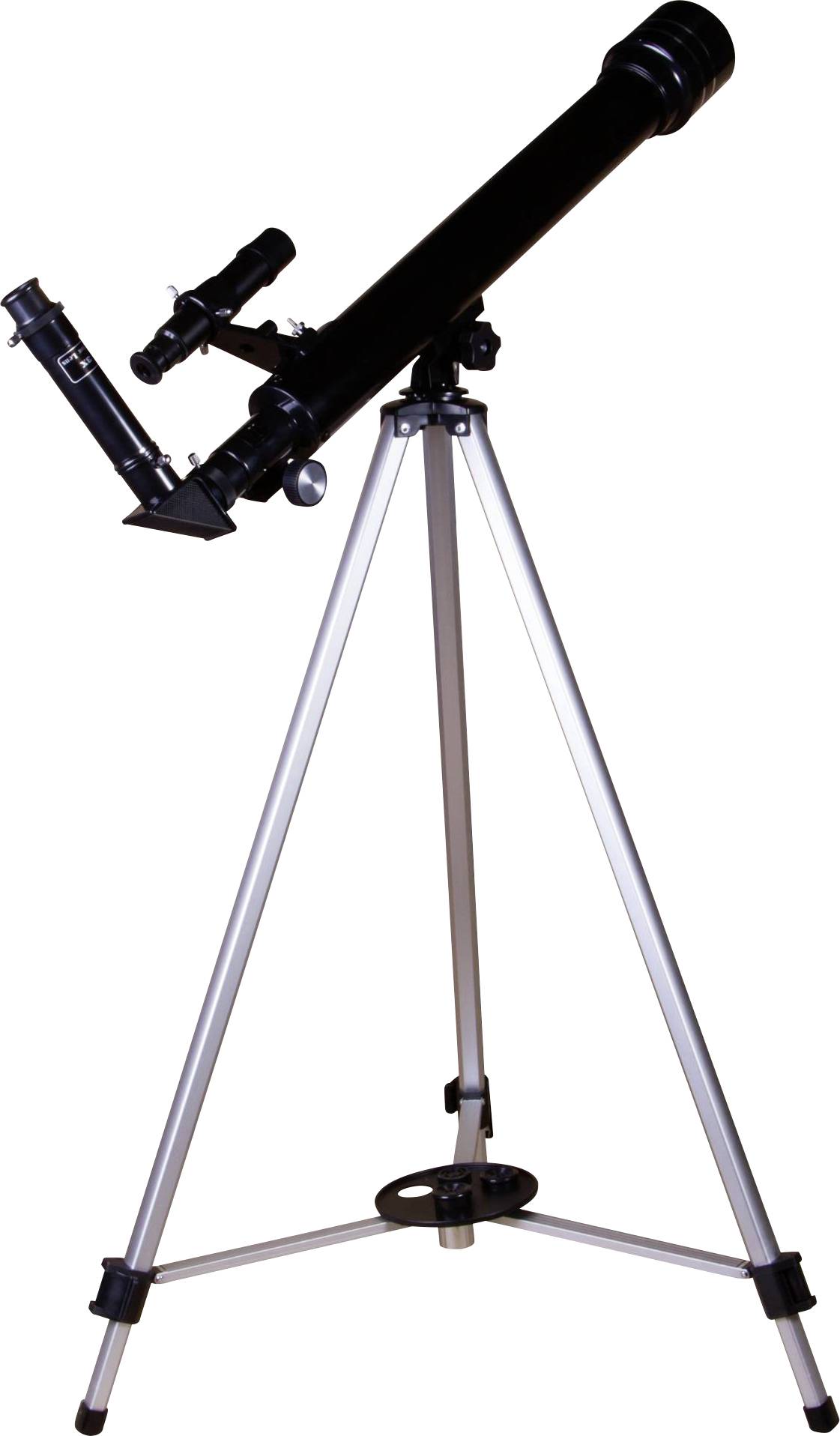 Un télescope noir sur un trépied argenté, prêt pour l'observation des étoiles. Côté droit et viseur visibles.