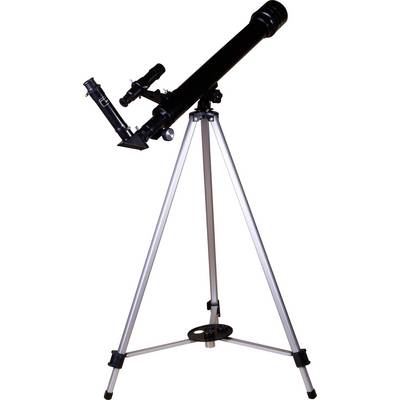 Un télescope noir sur un trépied argenté, prêt pour l'observation des étoiles. Côté droit et viseur visibles.