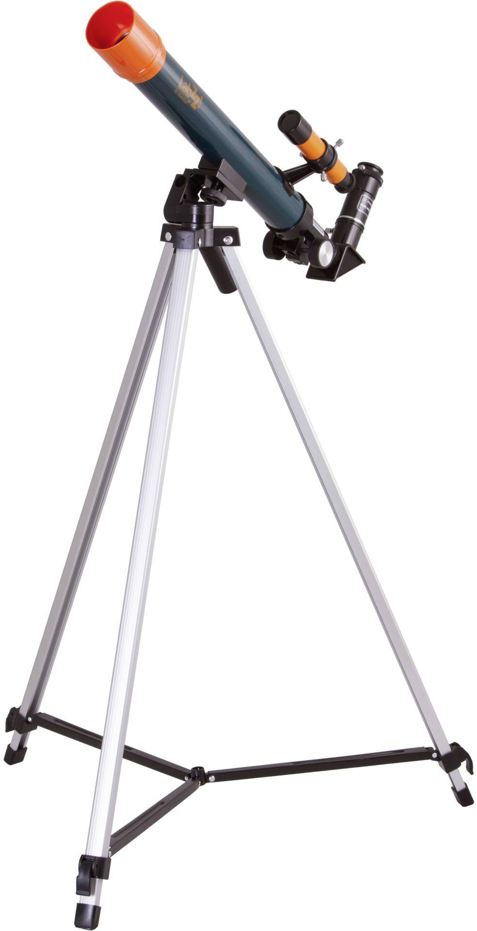 Un télescope sur un trépied argenté. Le tube du télescope est bleu avec une extrémité orange.