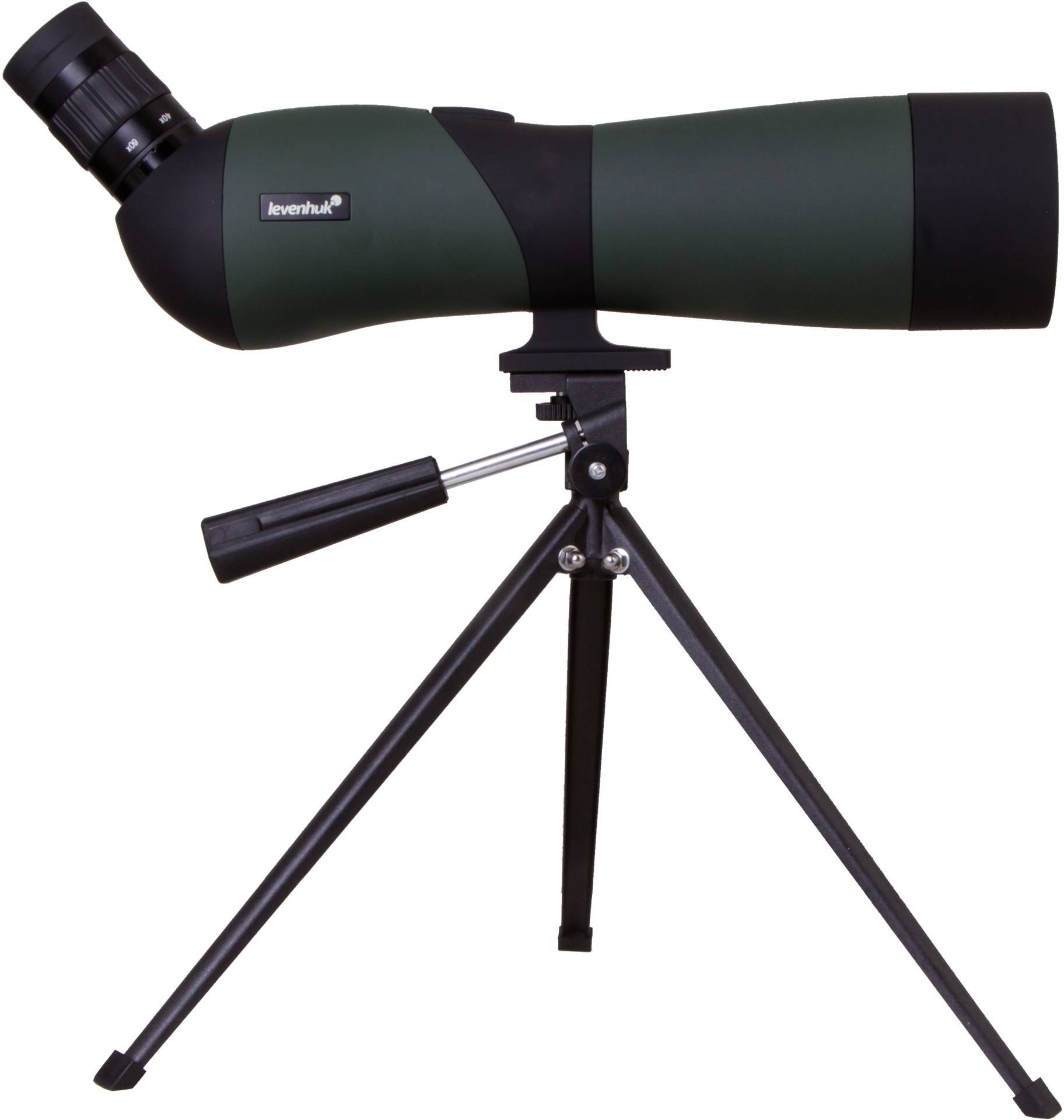 Télescope avec trépied en vue latérale, boîtier vert et noir, adapté pour l'observation de la nature.