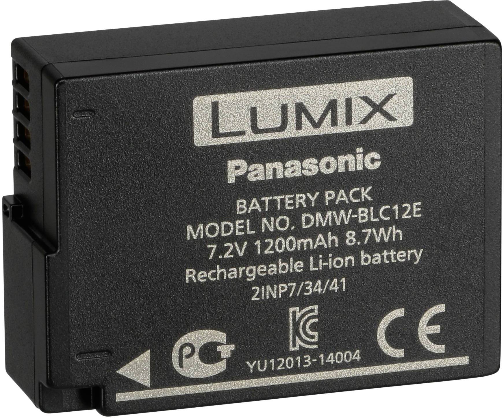 Batterie Lithium-Ion noire 'Panasonic LUMIX', modèle DMW-BLC12E, 7,2V, 1200mAh, 8,7Wh, avec marquage CE et symboles de sécurité.