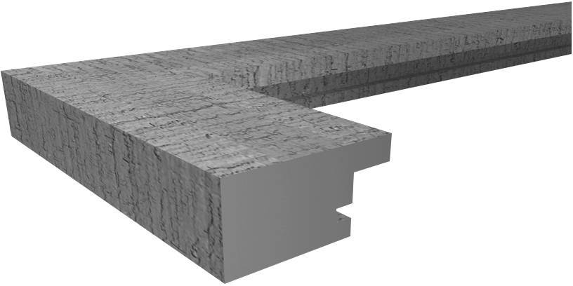 Poutre en bois en forme d'équerre avec une surface structurée et une rainure sur le bord inférieur, représentée sur un fond blanc.