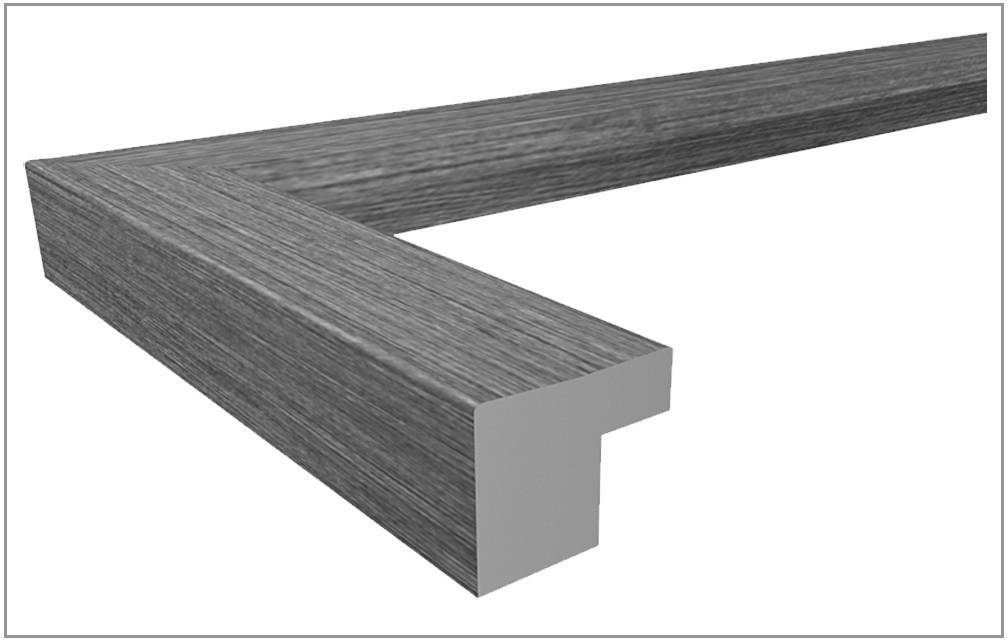 Une poutre en bois grise, rectangulaire, avec un grain de bois apparent. Adaptée aux assemblages d'angle ou aux structures de cadrage dans la transformation du bois.