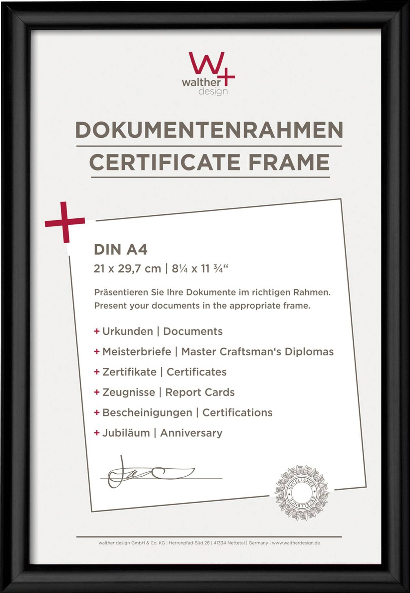 Cadre pour documents au format DIN A4, présenté par 'walther design'. Idéal pour diplômes, certificats et diplômes de maîtrise.
