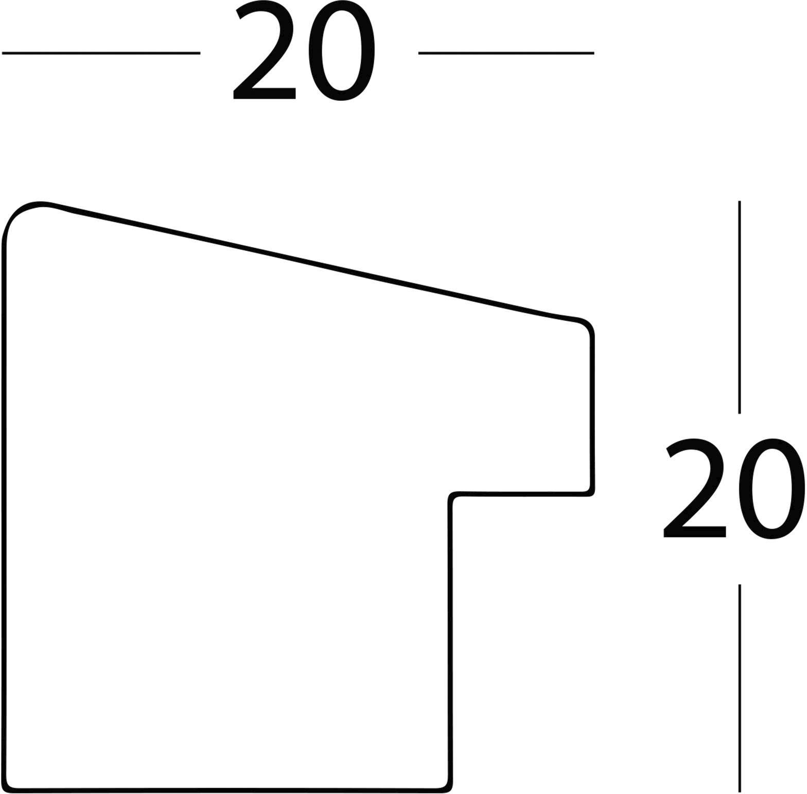Un dessin au contour en forme de L avec des dimensions de 20 x 20 unités, dont l'arête supérieure est inclinée.