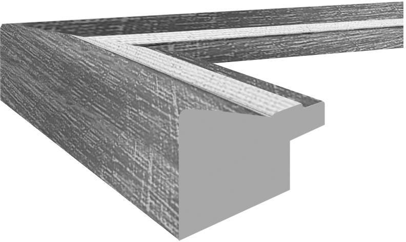 Un angle de cadre rectangulaire en bois veiné gris avec un bord intérieur blanc, adapté à la fabrication de cadres.