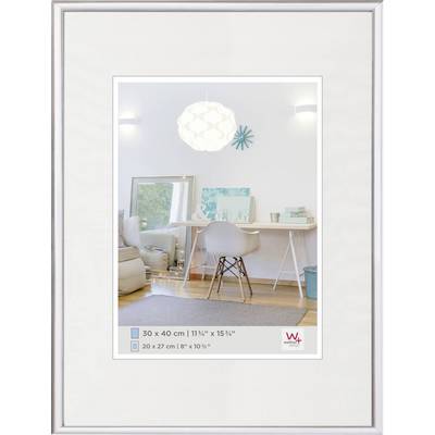 Cadre avec un exemple d'un salon moderne et lumineux : Bureau avec chaise blanche, tableau mural et lampe ; dimensions ci-dessous.