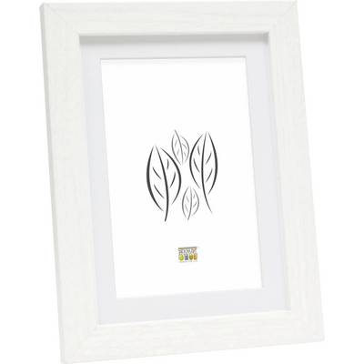 Un cadre blanc avec une œuvre d'art minimaliste représentant des feuilles stylisées. En dessous, un petit logo de marque.