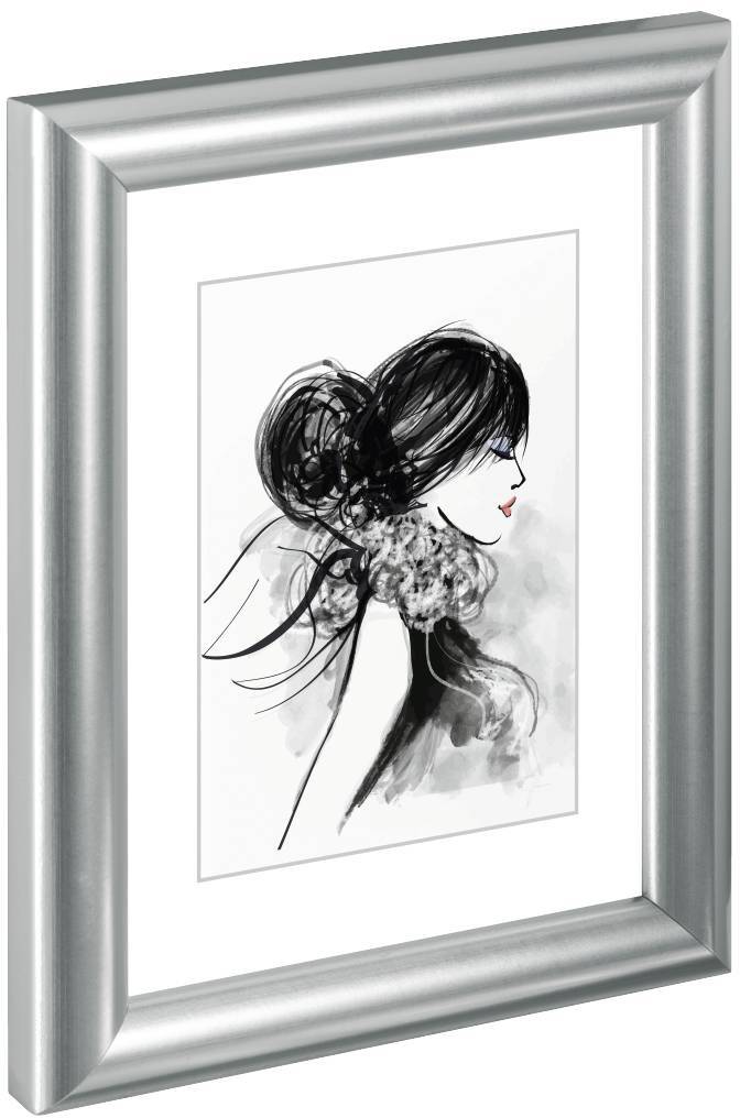 Illustration d'une femme stylisée de profil, les cheveux relevés, encadrée par un élégant cadre argenté.