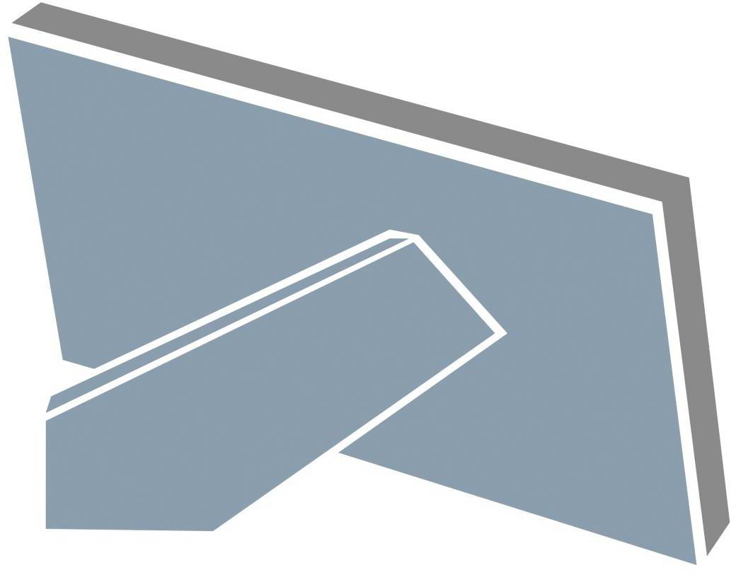 Graphique abstrait d'une forme rectangulaire tridimensionnelle bleue avec une ligne diagonale traversante et des accents gris.